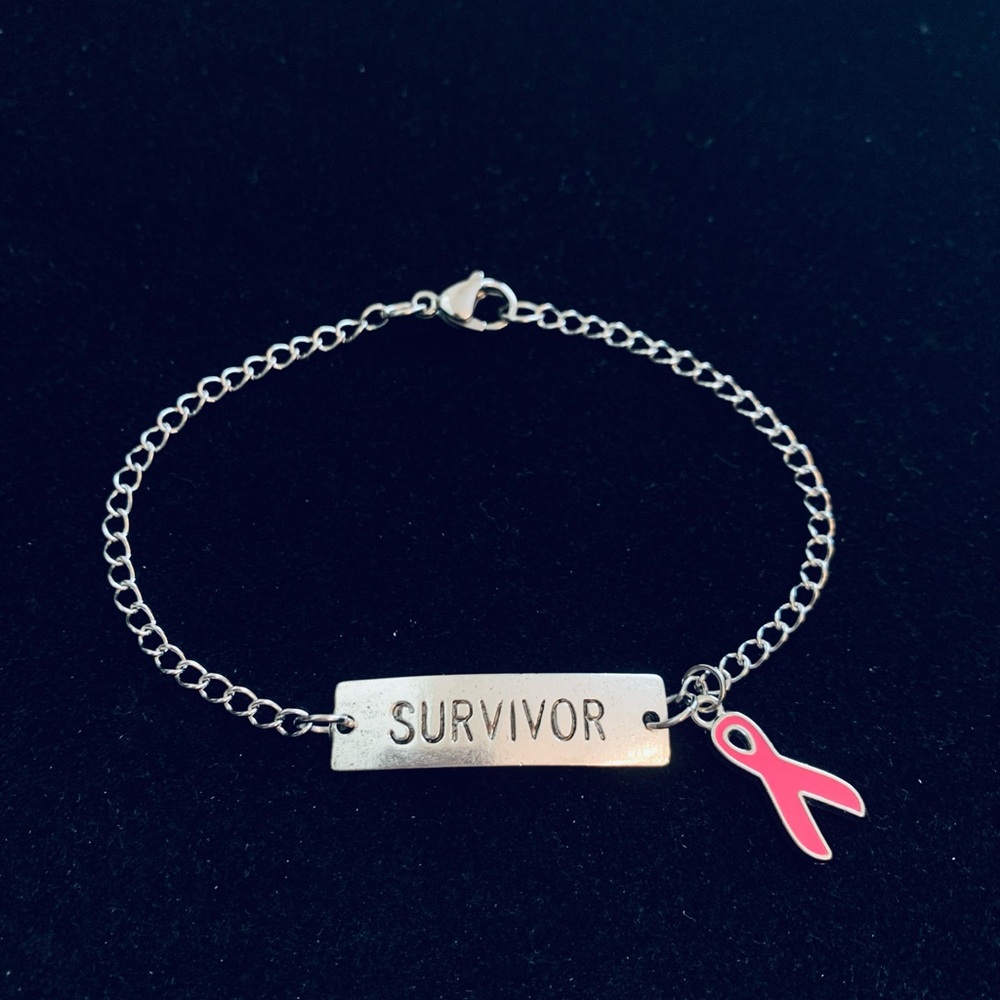 “Survivor” Breast Cancer Awareness bracelet with pink ribbon charm